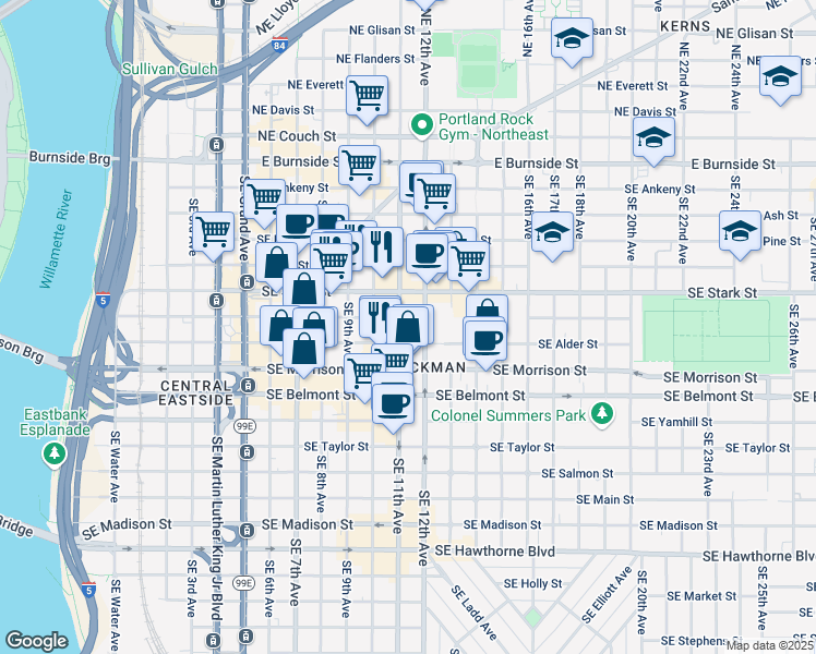 map of restaurants, bars, coffee shops, grocery stores, and more near 1015 Southeast Stark Street in Portland