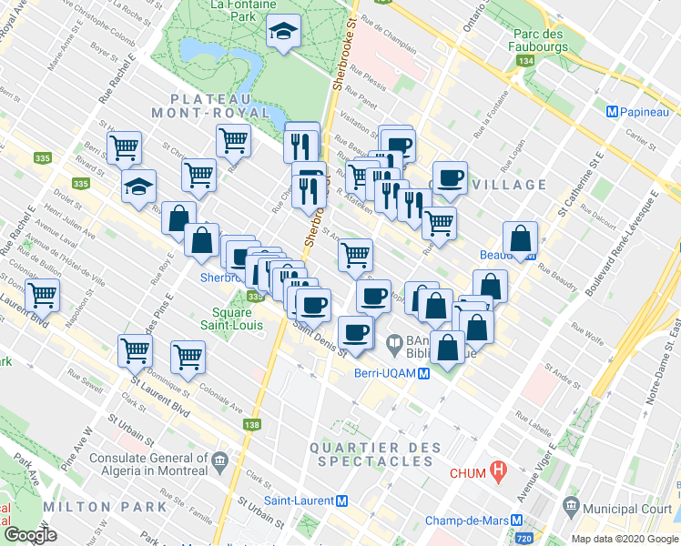 map of restaurants, bars, coffee shops, grocery stores, and more near 2031 Rue Saint-Hubert in Montréal