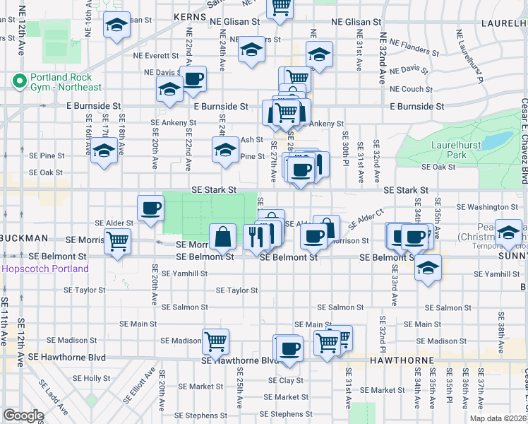 map of restaurants, bars, coffee shops, grocery stores, and more near 2604 Southeast Washington Street in Portland
