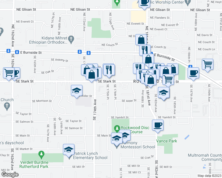 map of restaurants, bars, coffee shops, grocery stores, and more near 600 Southeast 175th Place in Portland