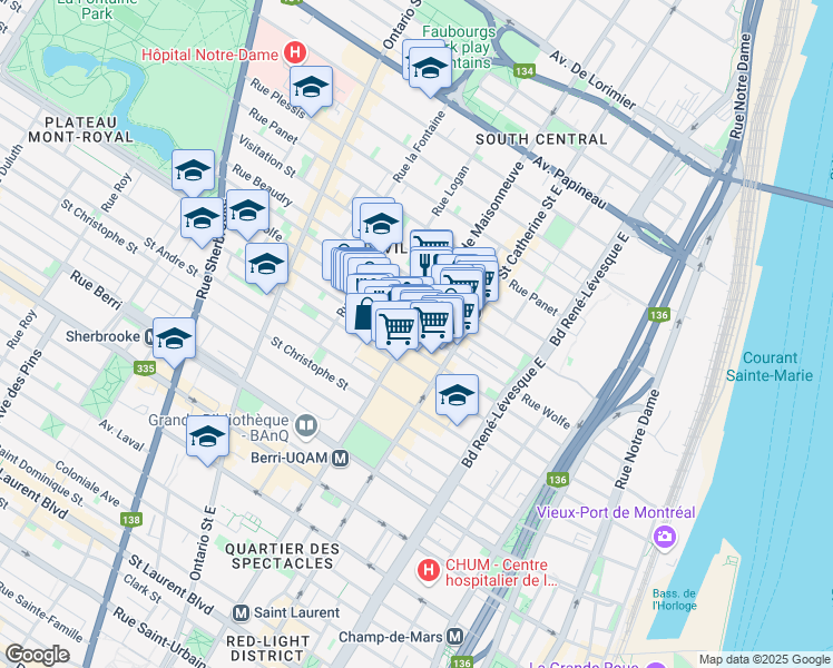 map of restaurants, bars, coffee shops, grocery stores, and more near in Montreal