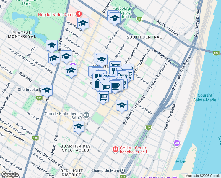 map of restaurants, bars, coffee shops, grocery stores, and more near 1112 Boulevard de Maisonneuve Est in Montréal