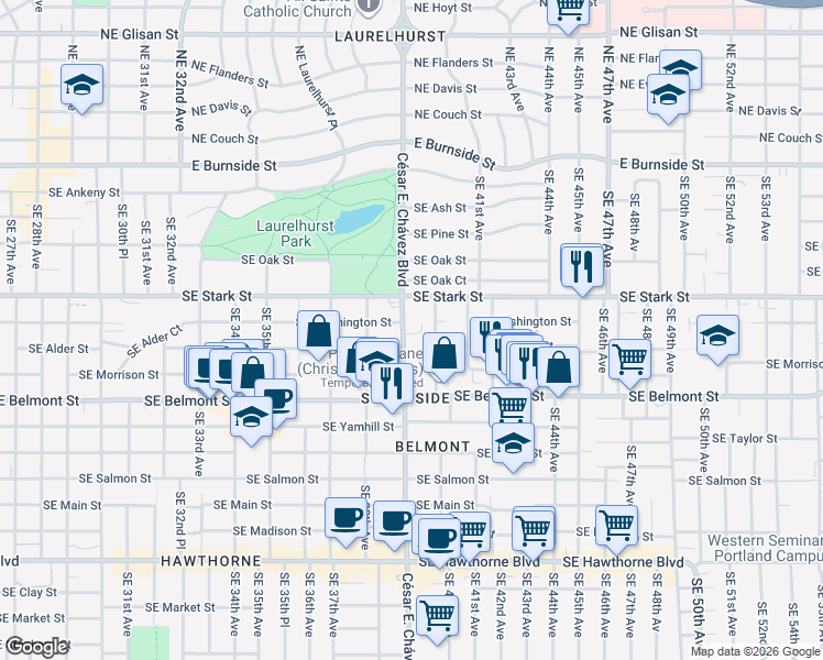 map of restaurants, bars, coffee shops, grocery stores, and more near 515 Southeast Peacock Lane in Portland