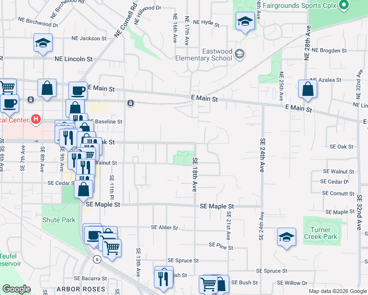 map of restaurants, bars, coffee shops, grocery stores, and more near 1722 Southeast Oak Street in Hillsboro