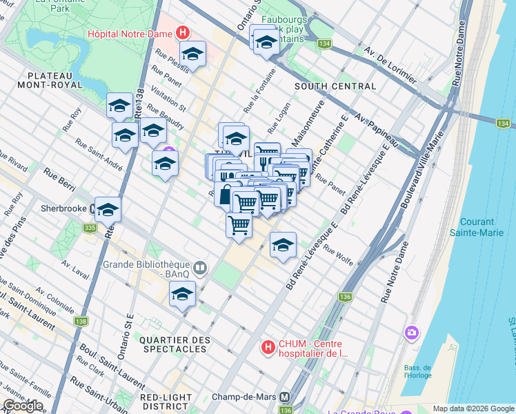 map of restaurants, bars, coffee shops, grocery stores, and more near 1112 Boulevard de Maisonneuve Est in Montréal