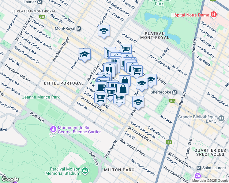 map of restaurants, bars, coffee shops, grocery stores, and more near 3967 Avenue de l'Hôtel de Ville in Montréal