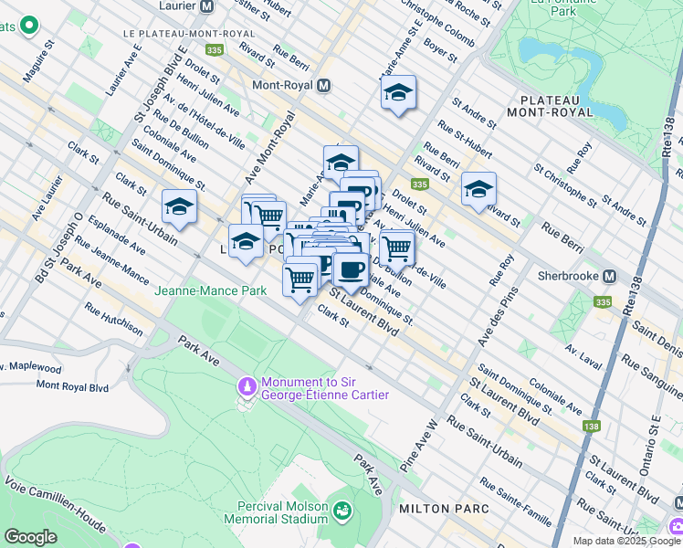 map of restaurants, bars, coffee shops, grocery stores, and more near 4177 Rue Saint Dominique in Montréal
