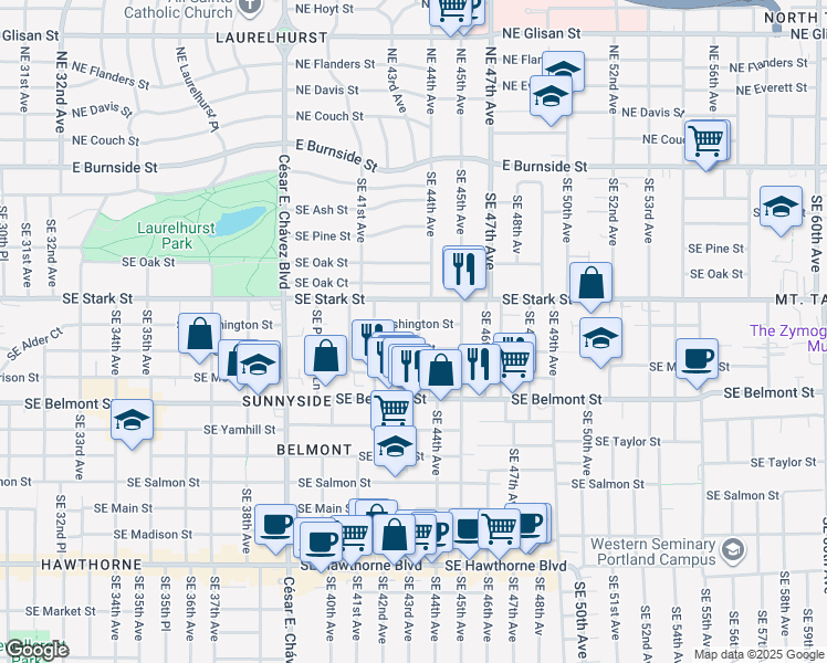 map of restaurants, bars, coffee shops, grocery stores, and more near 4272 Southeast Washington Street in Portland