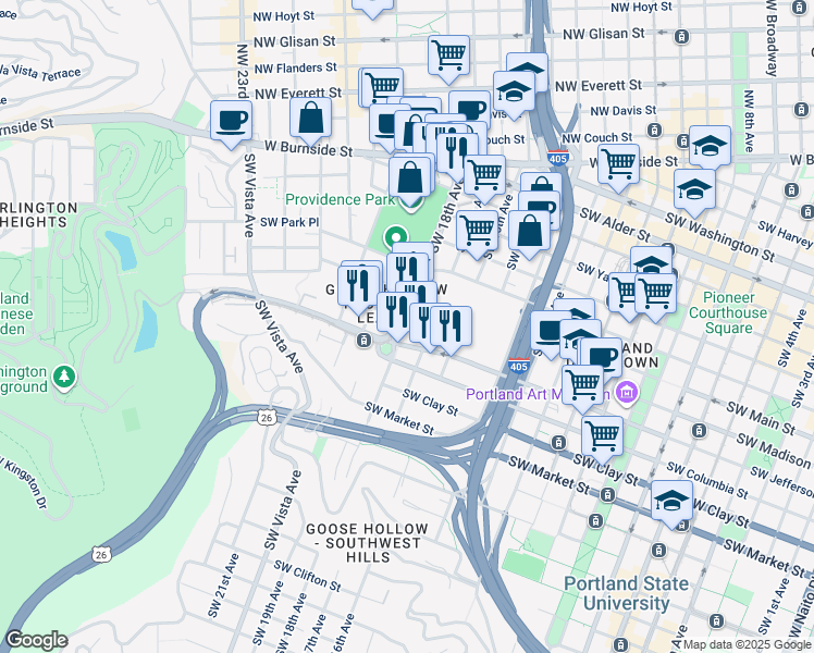 map of restaurants, bars, coffee shops, grocery stores, and more near 1132 Southwest 19th Avenue in Portland