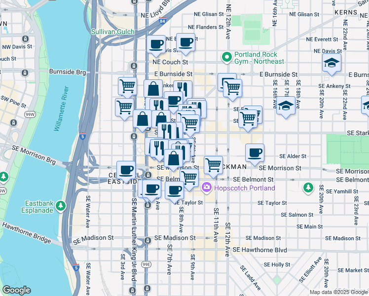 map of restaurants, bars, coffee shops, grocery stores, and more near 722 Southeast Sandy Boulevard in Portland