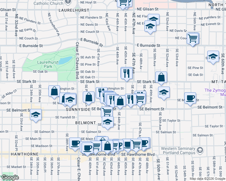 map of restaurants, bars, coffee shops, grocery stores, and more near 516 Southeast 43rd Avenue in Portland