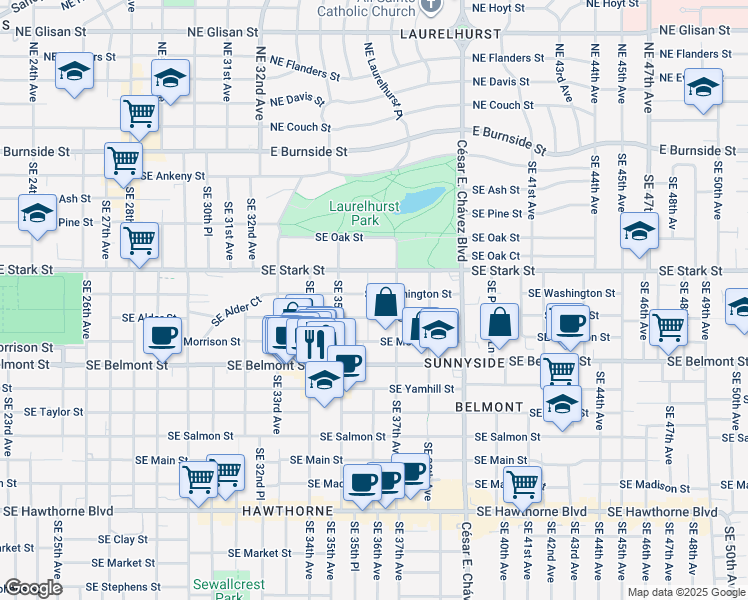 map of restaurants, bars, coffee shops, grocery stores, and more near 3630 Southeast Stark Street in Portland