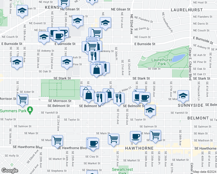 map of restaurants, bars, coffee shops, grocery stores, and more near 510 Southeast 29th Avenue in Portland