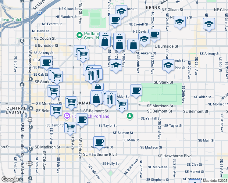 map of restaurants, bars, coffee shops, grocery stores, and more near 1624 Southeast Stark Street in Portland