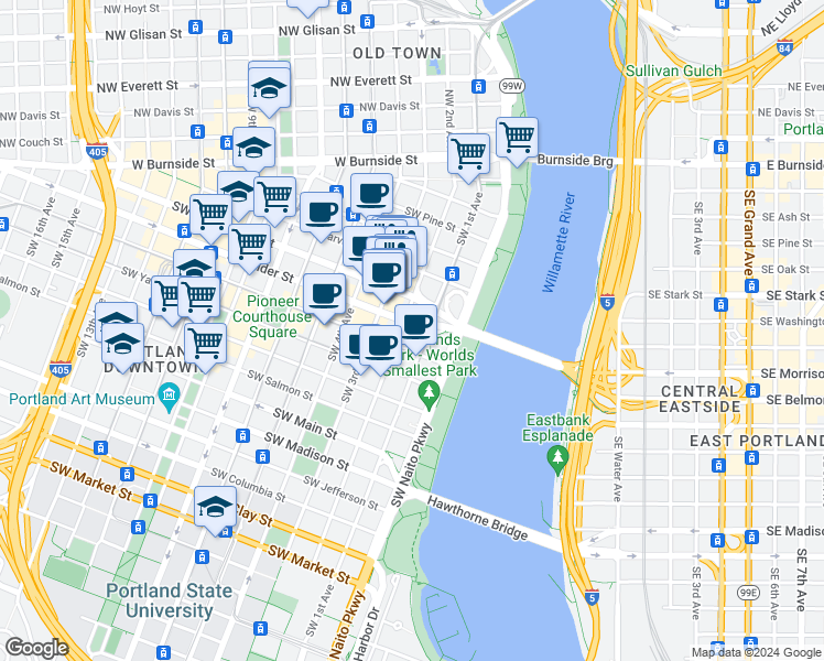 map of restaurants, bars, coffee shops, grocery stores, and more near 431-433 Southwest 2nd Avenue in Portland
