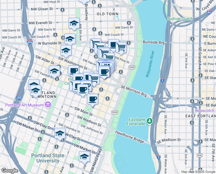 map of restaurants, bars, coffee shops, grocery stores, and more near 431-433 Southwest 2nd Avenue in Portland