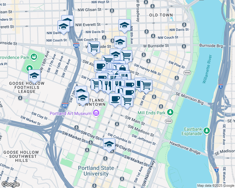 map of restaurants, bars, coffee shops, grocery stores, and more near in Portland