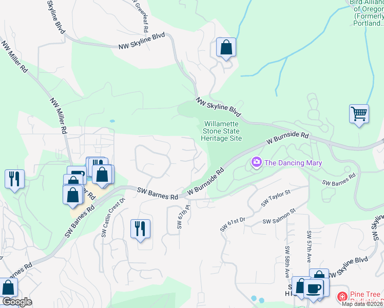 map of restaurants, bars, coffee shops, grocery stores, and more near 6645 West Burnside Road in Portland