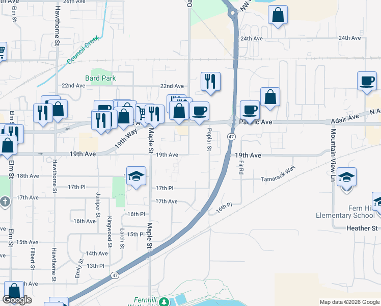 map of restaurants, bars, coffee shops, grocery stores, and more near 1916 Oak Street in Forest Grove