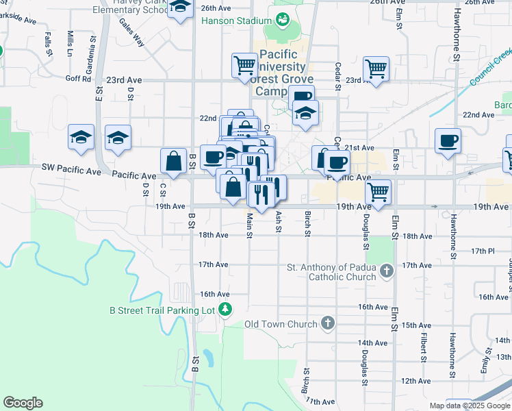 map of restaurants, bars, coffee shops, grocery stores, and more near 2028 Pacific Avenue in Forest Grove