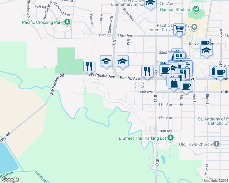 map of restaurants, bars, coffee shops, grocery stores, and more near 1520 Pacific Avenue in Forest Grove