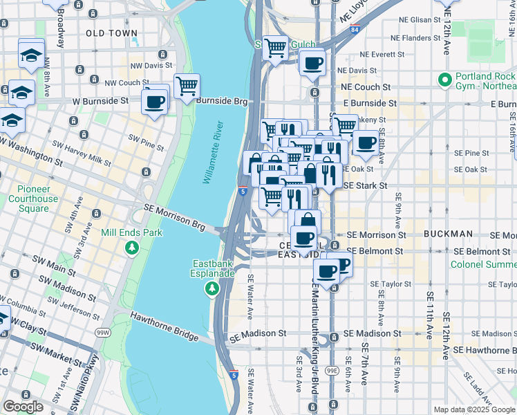 map of restaurants, bars, coffee shops, grocery stores, and more near 550 Southeast Water Avenue in Portland
