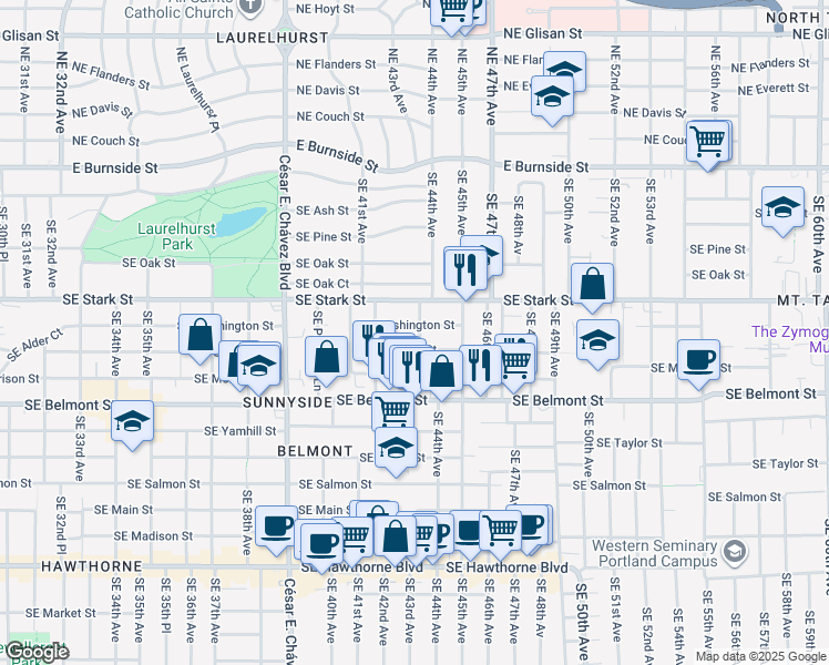 map of restaurants, bars, coffee shops, grocery stores, and more near 4272 Southeast Washington Street in Portland