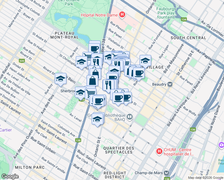 map of restaurants, bars, coffee shops, grocery stores, and more near in Montreal