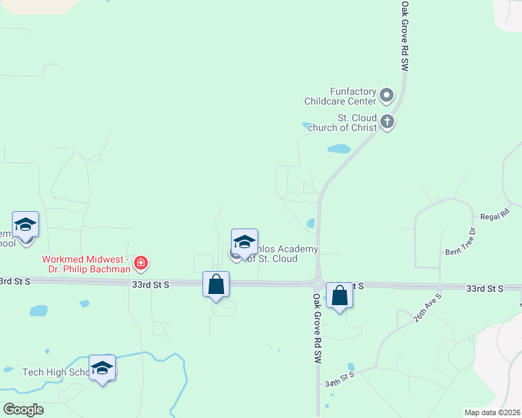 map of restaurants, bars, coffee shops, grocery stores, and more near 3135 County Road 136 in St. Cloud