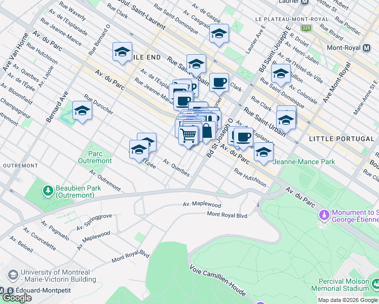 map of restaurants, bars, coffee shops, grocery stores, and more near 1016 Avenue Laurier Ouest in Montréal