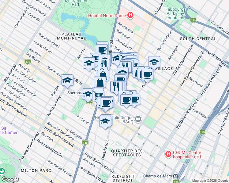 map of restaurants, bars, coffee shops, grocery stores, and more near 2041 Rue Saint-Hubert in Montréal