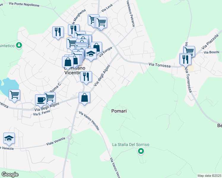 map of restaurants, bars, coffee shops, grocery stores, and more near 55 Via Grassi in Camisano Vicentino