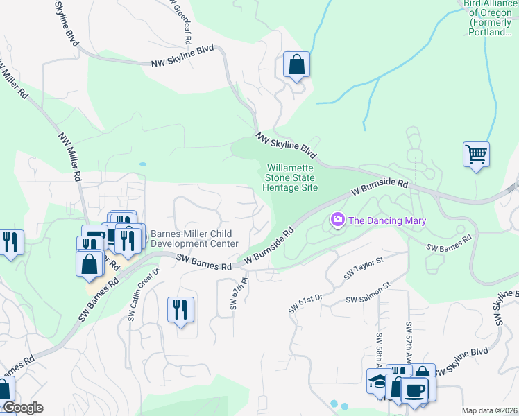 map of restaurants, bars, coffee shops, grocery stores, and more near 6665 West Burnside Street in Portland