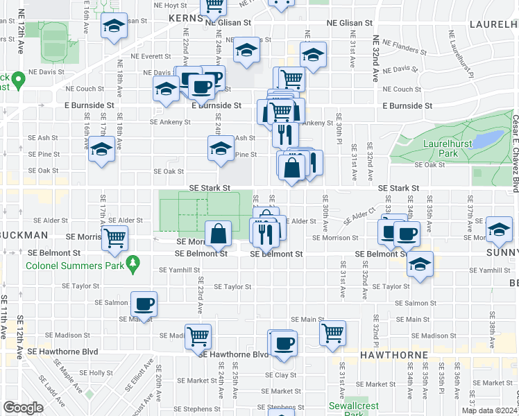 map of restaurants, bars, coffee shops, grocery stores, and more near 2604 Southeast Washington Street in Portland