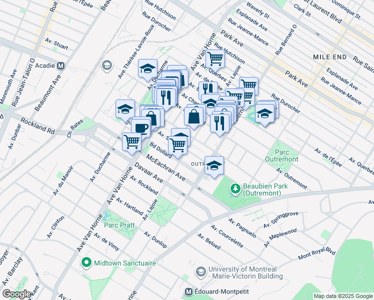 map of restaurants, bars, coffee shops, grocery stores, and more near Avenue Stuart in Montréal