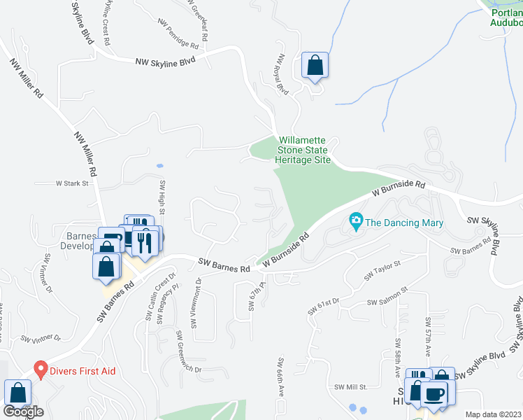 map of restaurants, bars, coffee shops, grocery stores, and more near 6645 West Burnside Road in Portland
