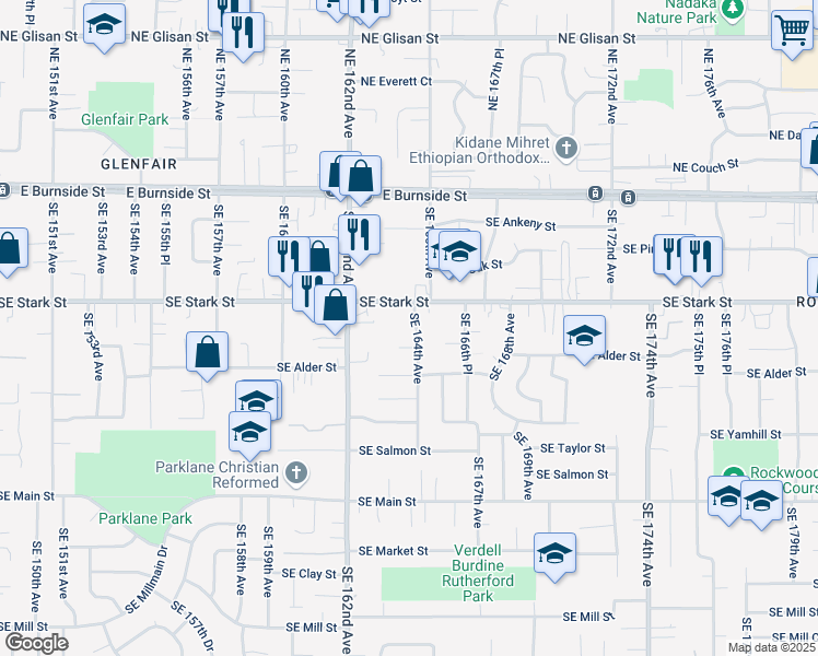 map of restaurants, bars, coffee shops, grocery stores, and more near 16360 Southeast Stark Street in Portland