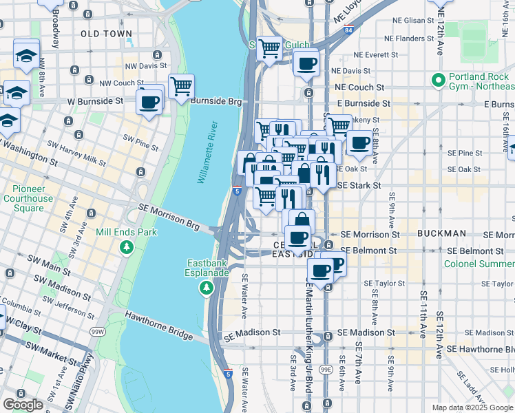 map of restaurants, bars, coffee shops, grocery stores, and more near 550 Southeast Water Avenue in Portland