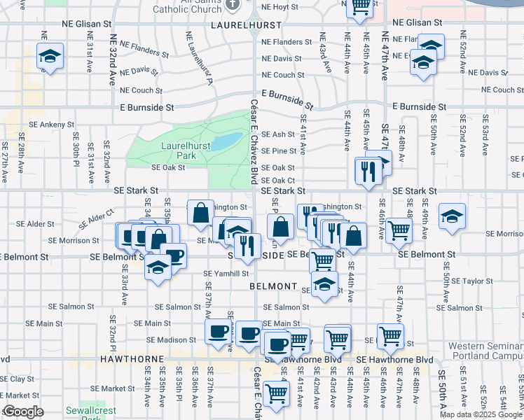 map of restaurants, bars, coffee shops, grocery stores, and more near 515 Southeast Peacock Lane in Portland