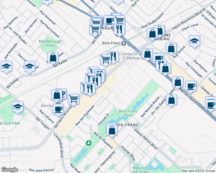 map of restaurants, bars, coffee shops, grocery stores, and more near 2355 Rue Wilfrid-Reid in Montréal