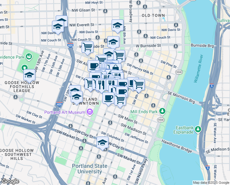 map of restaurants, bars, coffee shops, grocery stores, and more near in Portland