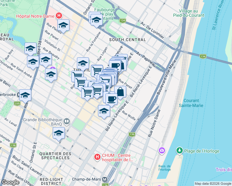map of restaurants, bars, coffee shops, grocery stores, and more near 1273 Rue Beaudry in Montréal