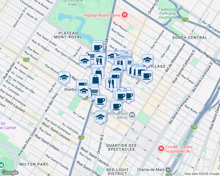 map of restaurants, bars, coffee shops, grocery stores, and more near 2033 Rue Saint-Hubert in Montréal