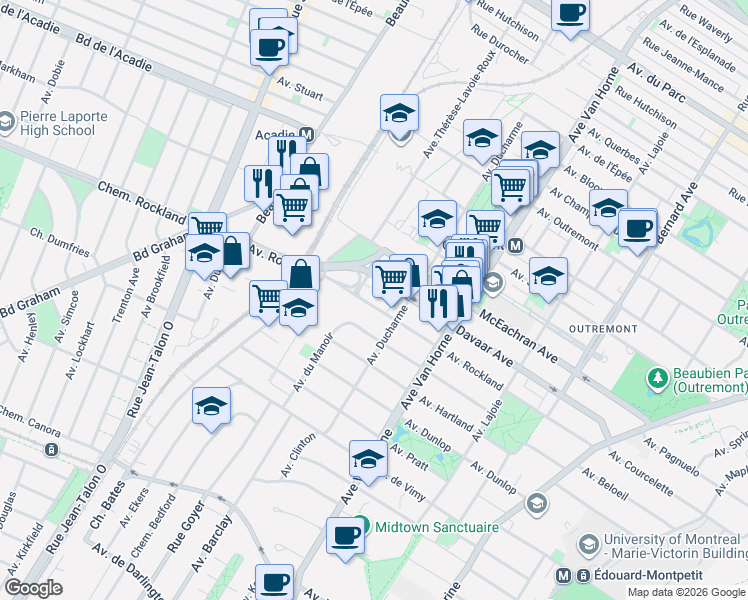 map of restaurants, bars, coffee shops, grocery stores, and more near 957 Avenue Rockland in Montréal