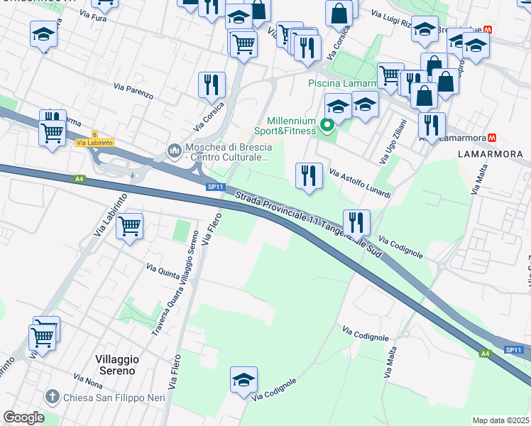 map of restaurants, bars, coffee shops, grocery stores, and more near Autostrada Serenissima in Brescia