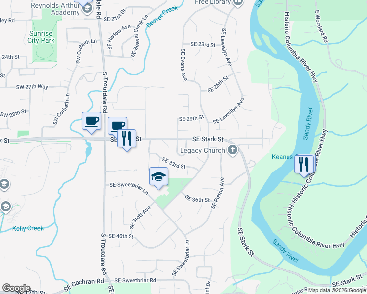 map of restaurants, bars, coffee shops, grocery stores, and more near 3125 Southeast Hampton Loop in Troutdale
