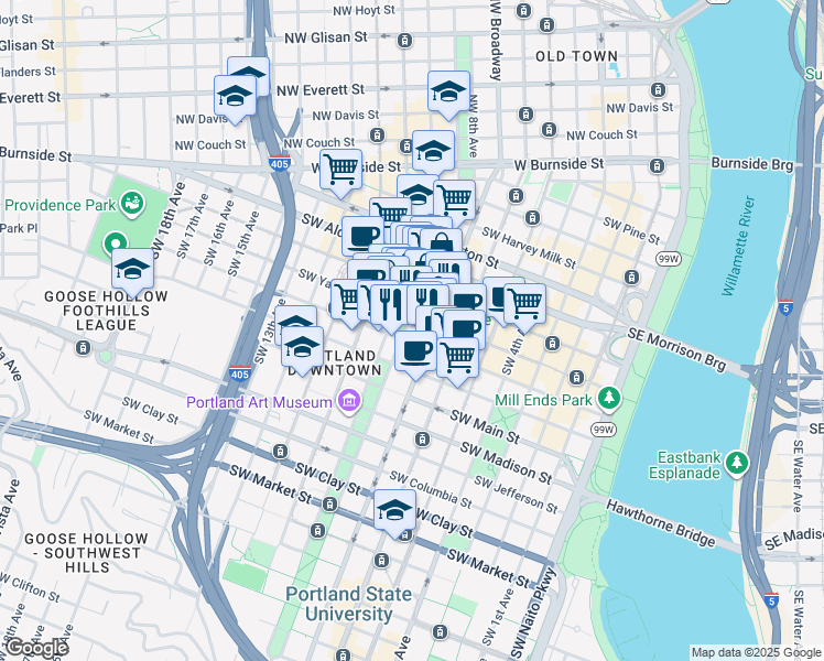 map of restaurants, bars, coffee shops, grocery stores, and more near in Portland