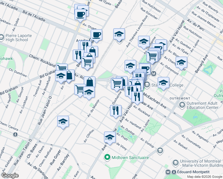 map of restaurants, bars, coffee shops, grocery stores, and more near 963 Avenue Rockland in Montréal