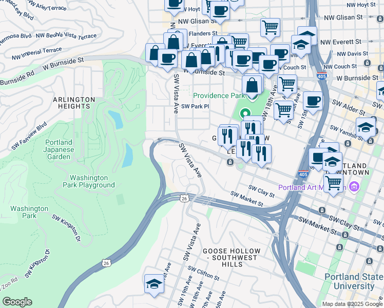map of restaurants, bars, coffee shops, grocery stores, and more near 2187 Southwest Market Street Drive in Portland