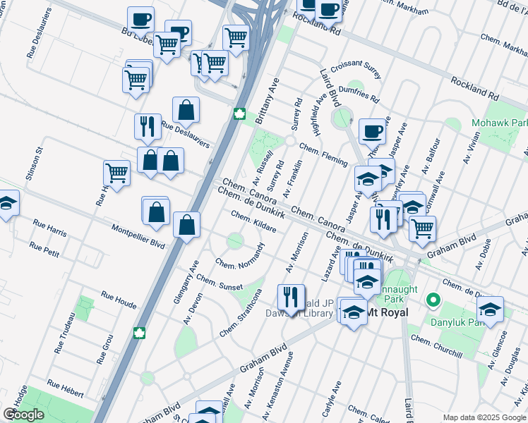 map of restaurants, bars, coffee shops, grocery stores, and more near 2146 Chemin de Dunkirk in Mont-Royal